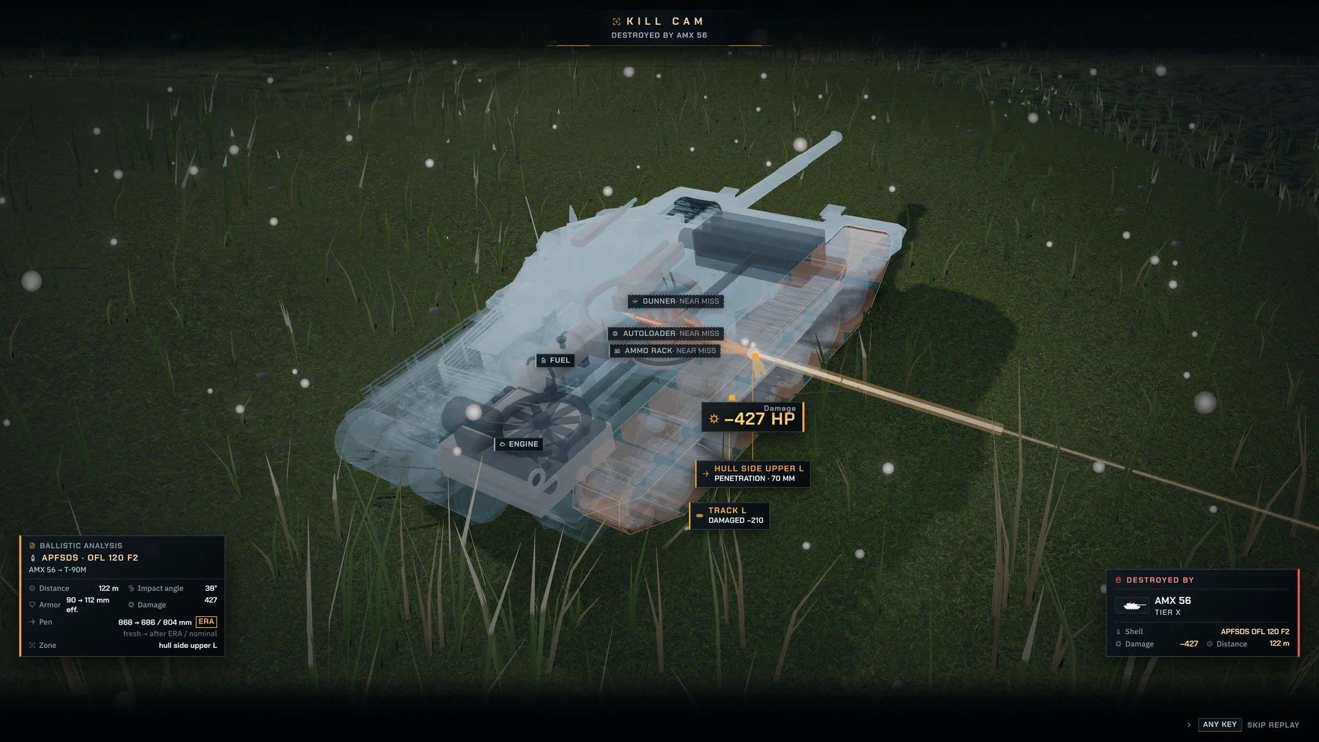The kill cam: the hull see-through, the shell's path and the modules it hit