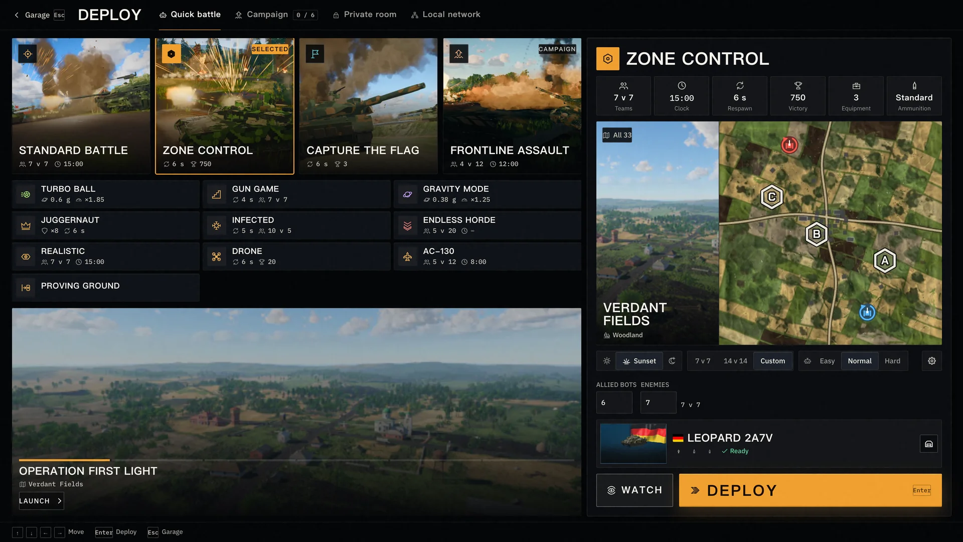 The Deploy screen with the modes and the battlefield