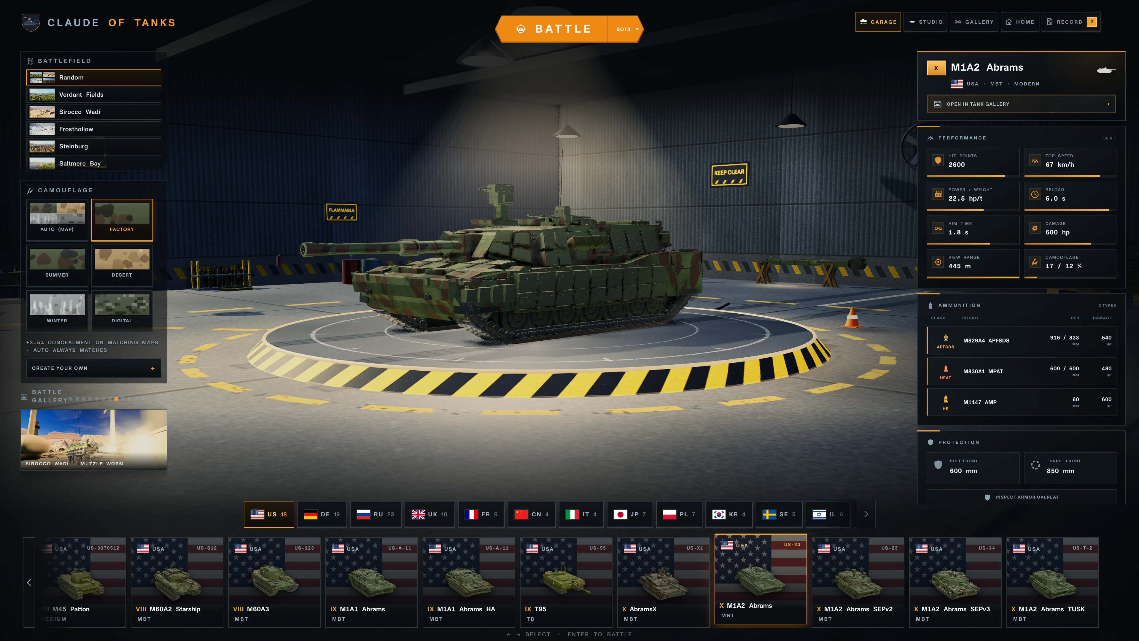 Garage interface displaying the playable vehicle fleet