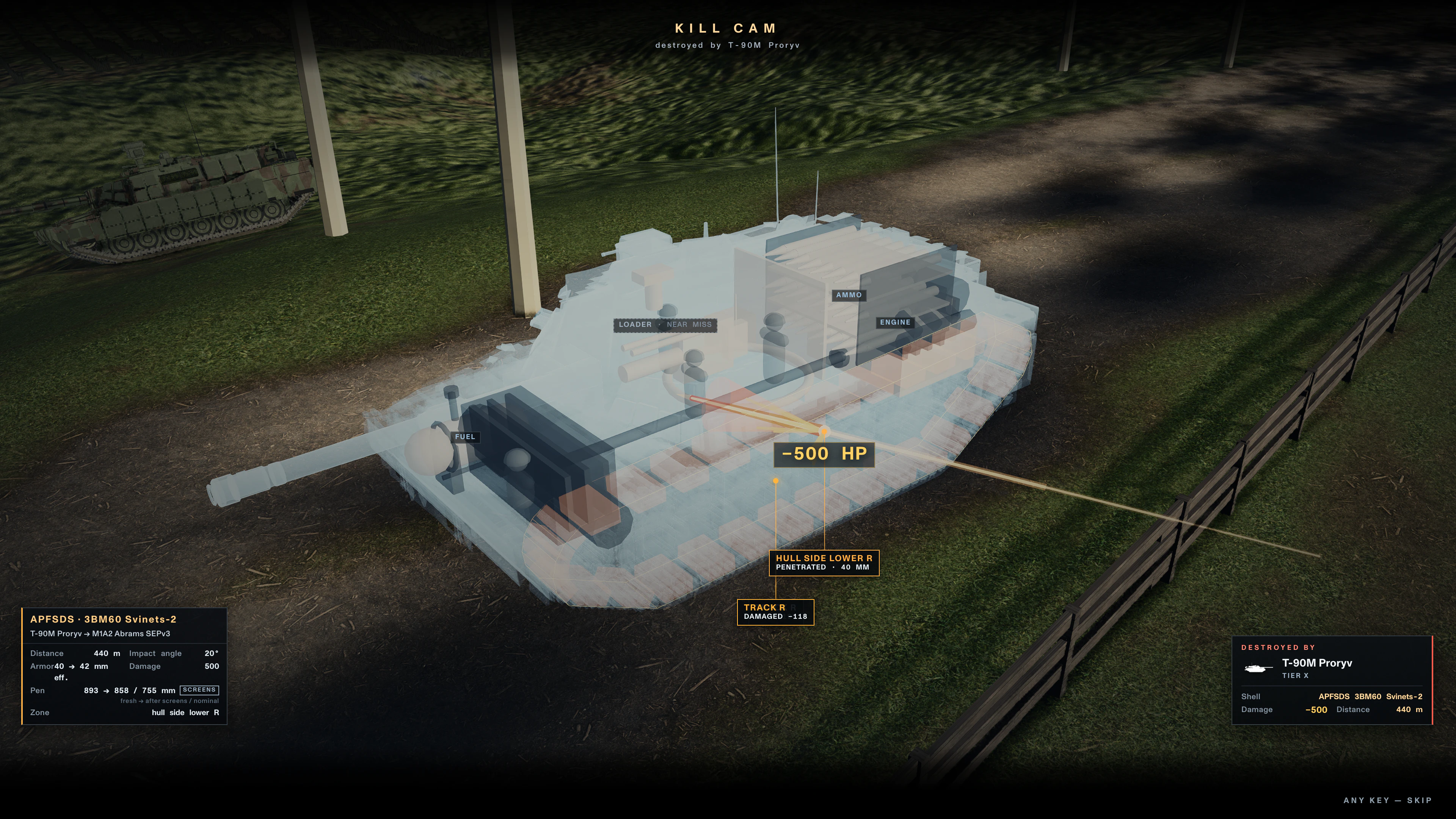 X-ray killcam showing a T-90M shell path through an M1A2 Abrams SEPv3