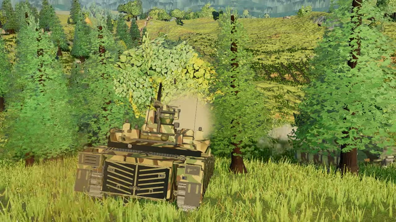 Tanks moving through a meadow