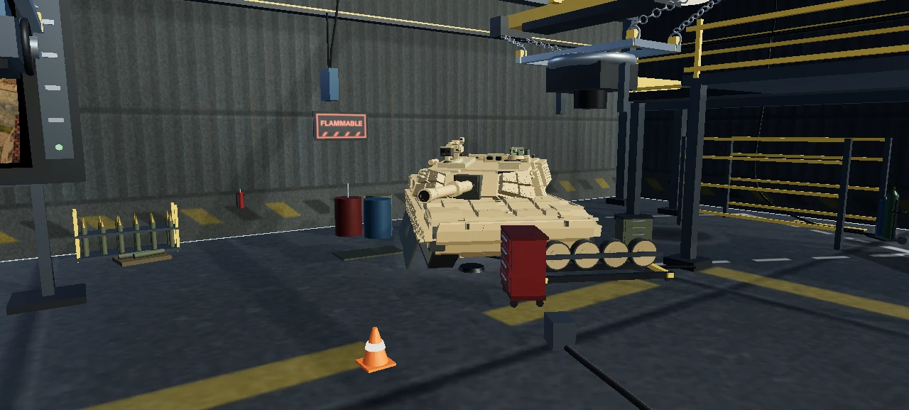M1 Abrams undergoing maintenance beside wheel dollies, tool storage, ammunition racks, and flammable-material drums