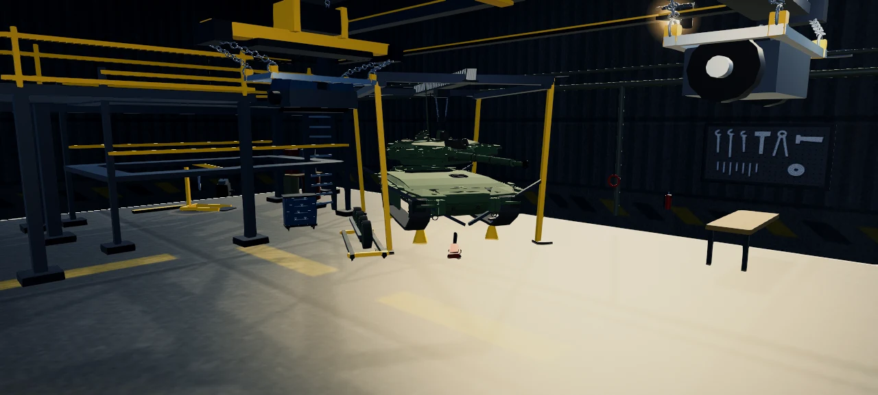 T-90A Burlak hull and turret staged beneath overhead cranes in a maintenance bay