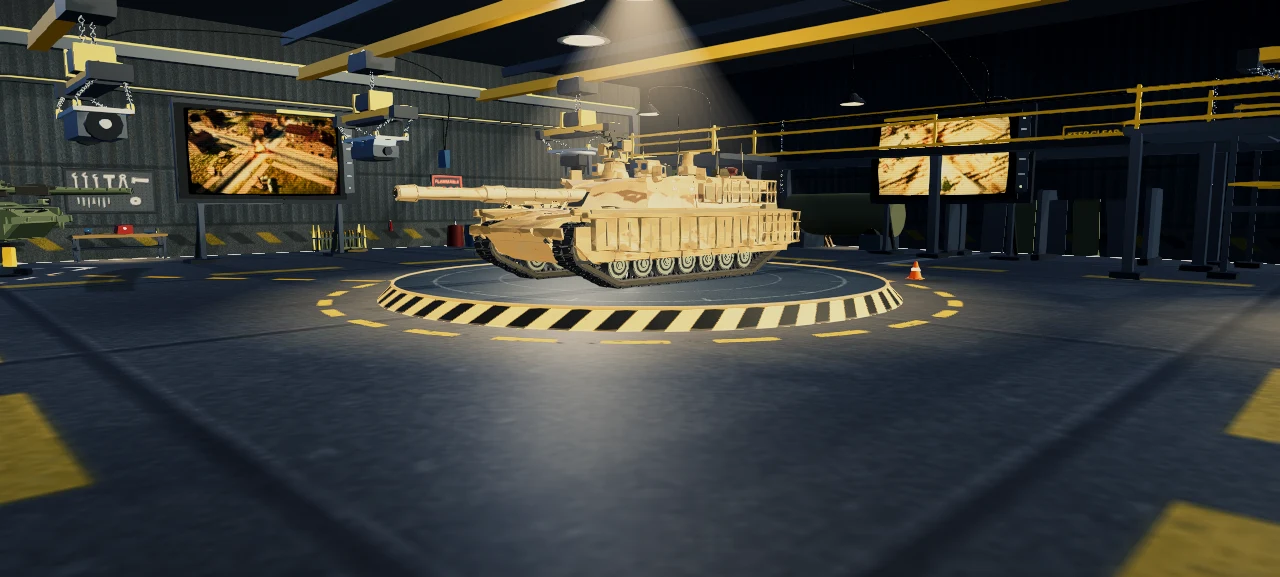 M1A3 Abrams centered on the illuminated service platform inside Verdant Motor Pool