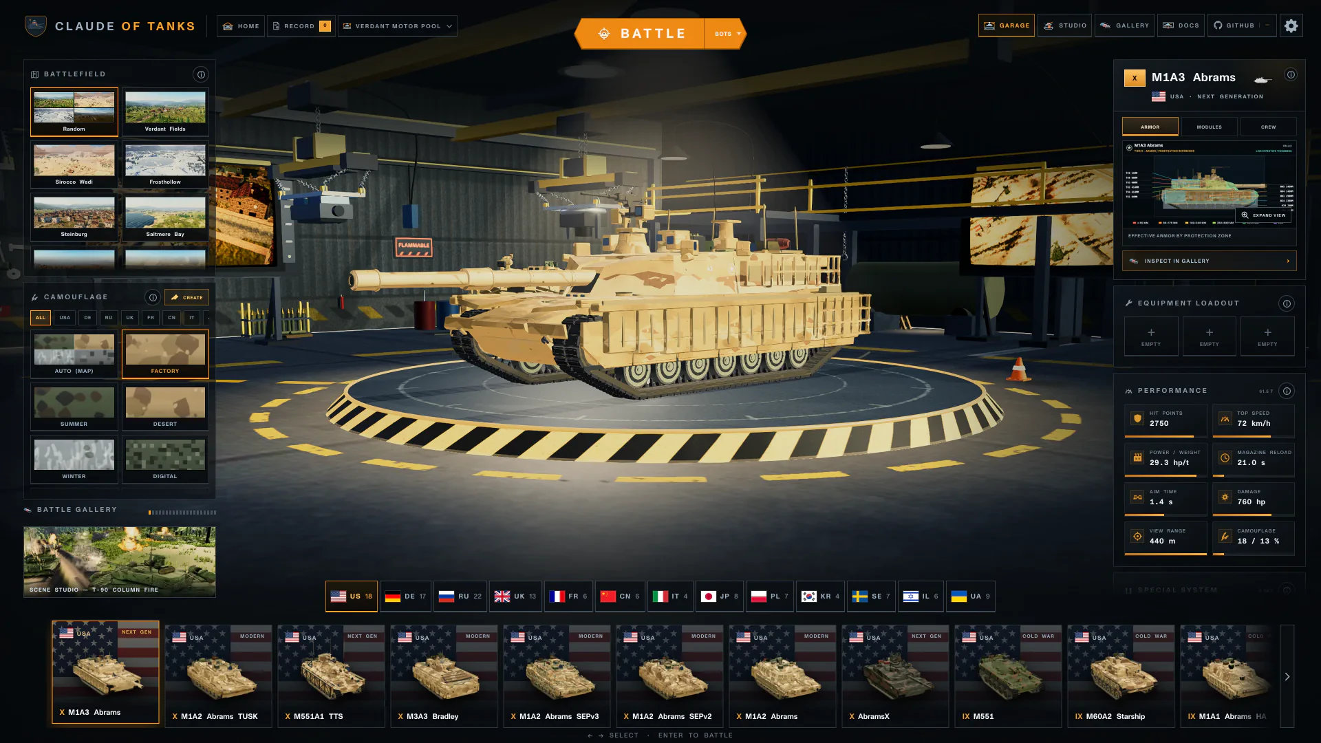Garage interface displaying the M1A3 Abrams and the playable vehicle fleet