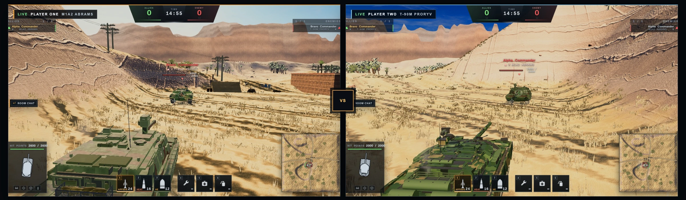 Opposing live multiplayer views: an M1A2 Abrams and T-90M Proryv use matching camouflage and aim at each other from mirrored player cameras