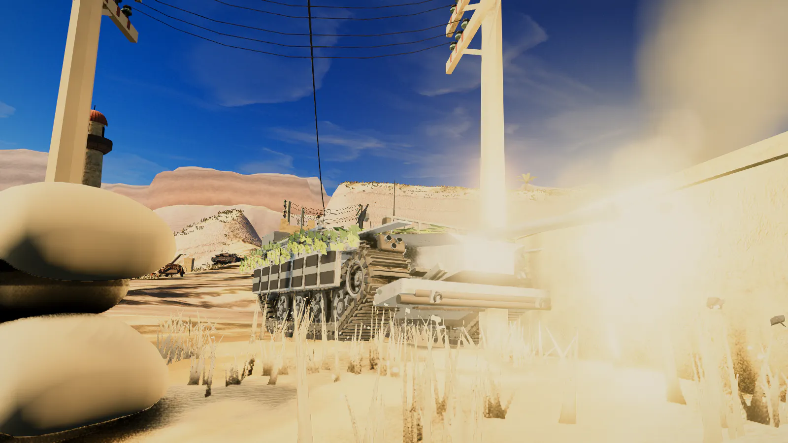 Tank firing at close range in the desert