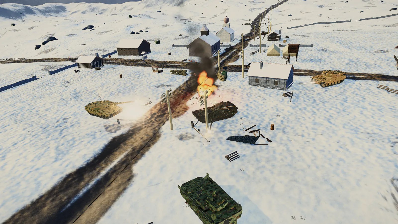 Tank battle in a burning winter village