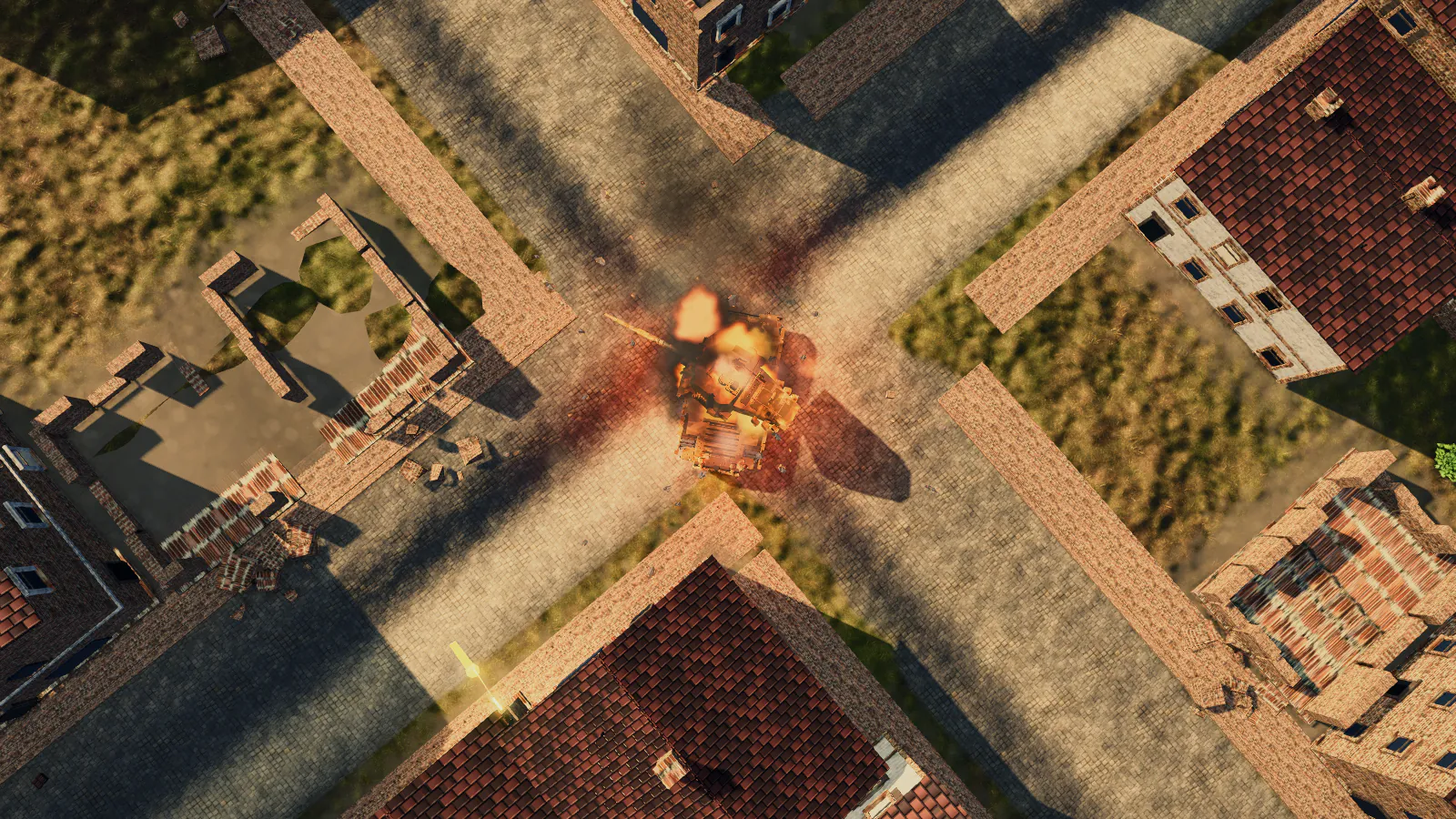 Overhead view of an urban tank attack