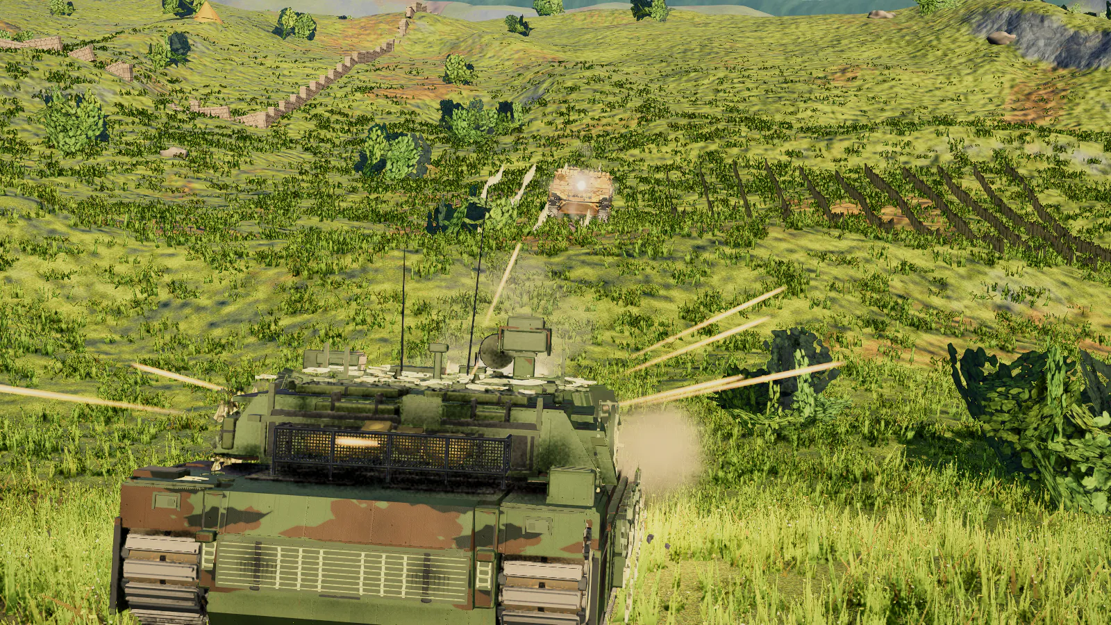 Two tanks fighting across a meadow