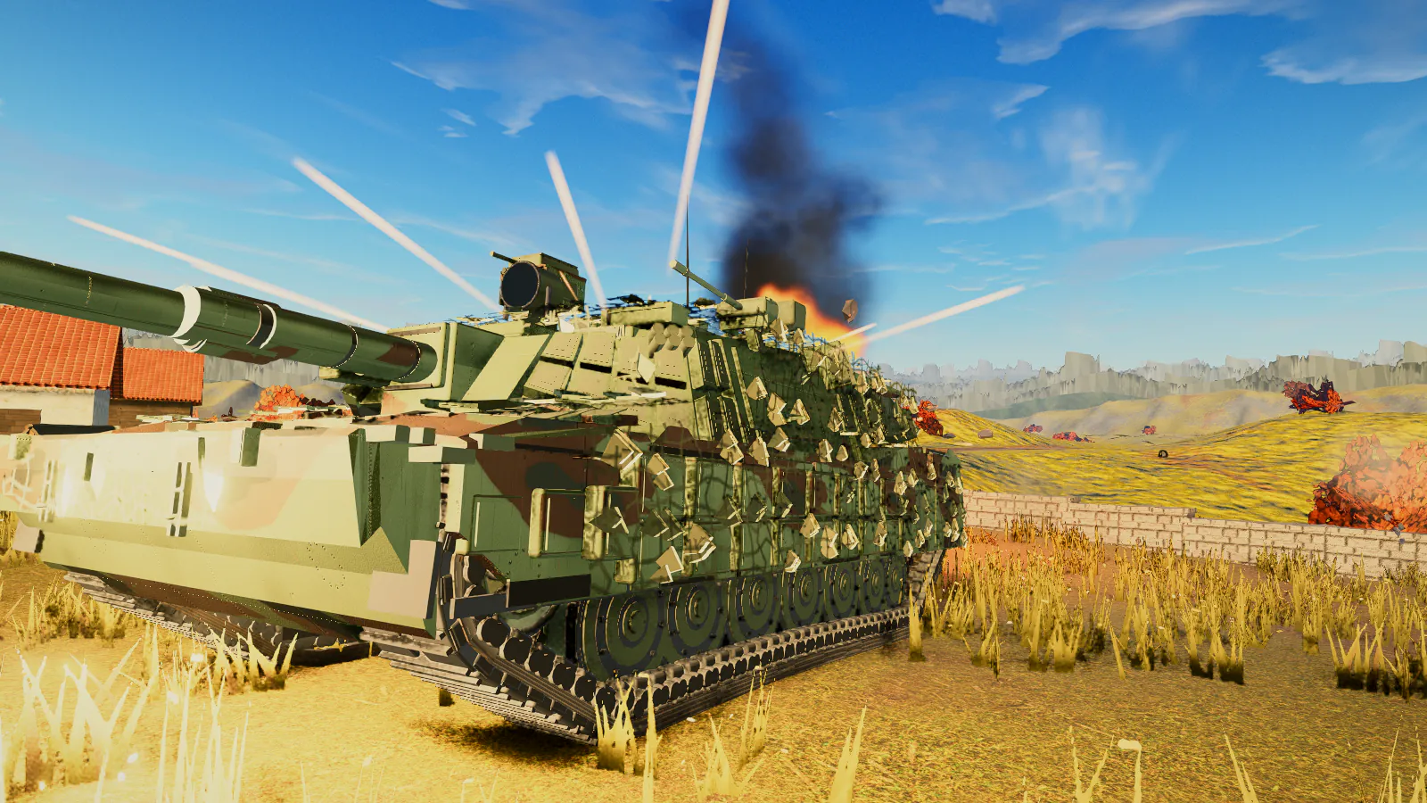 Tank positioned in an autumn orchard