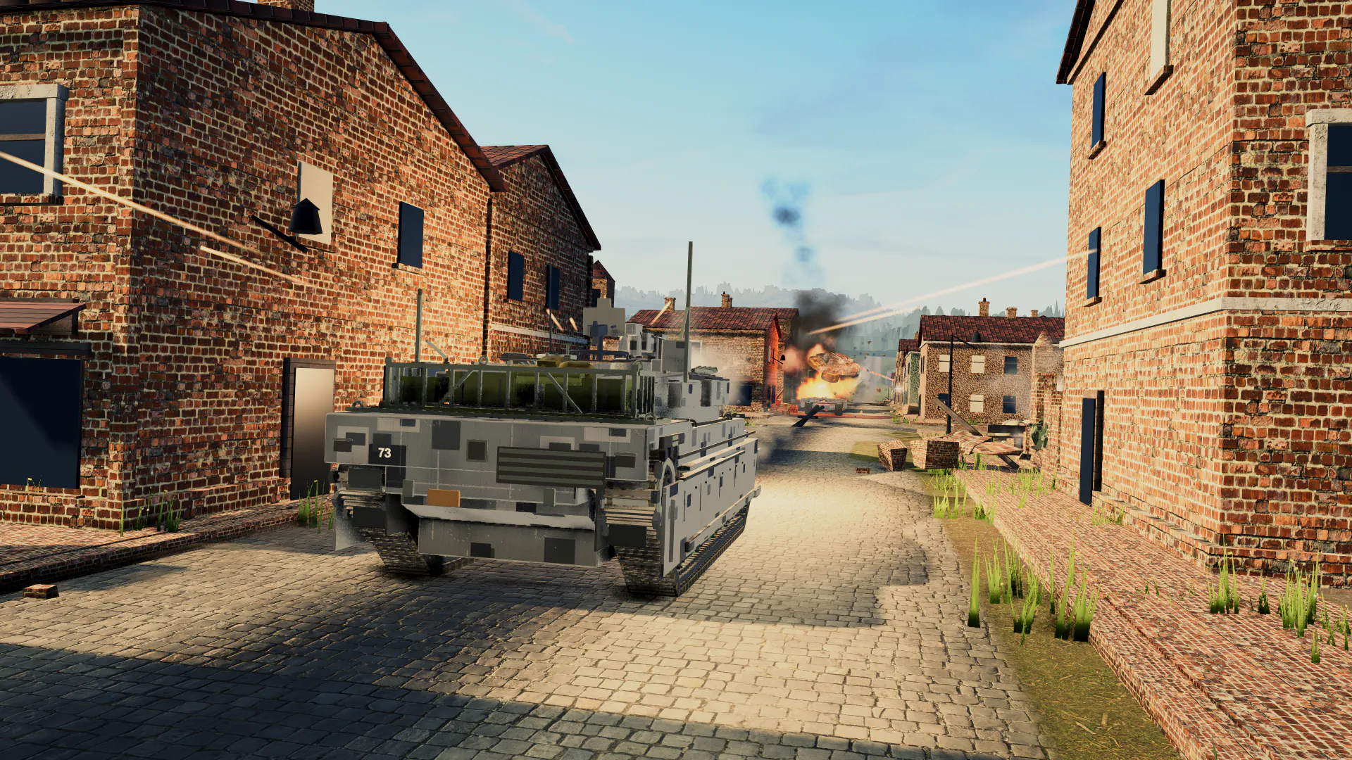 Close view of a tank duel on an urban street