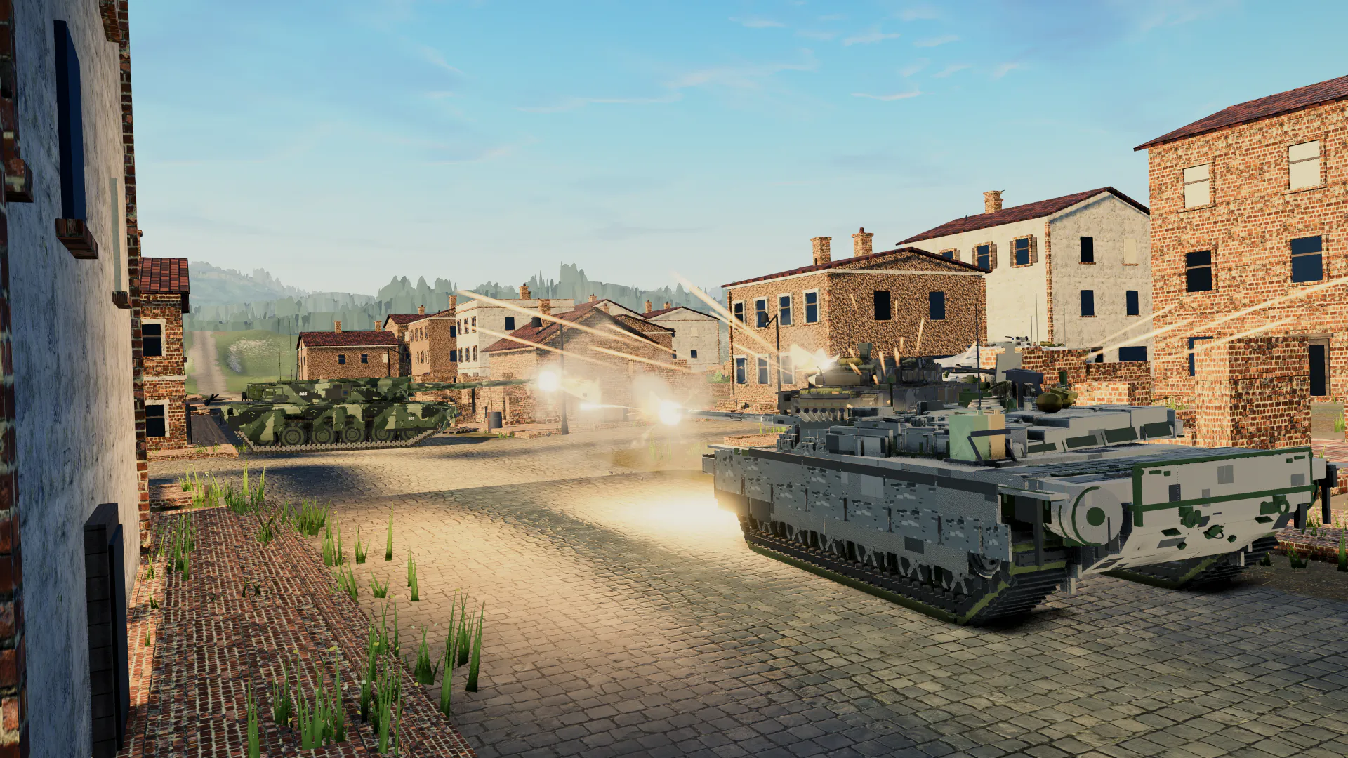 Close view of tanks fighting through urban ruins