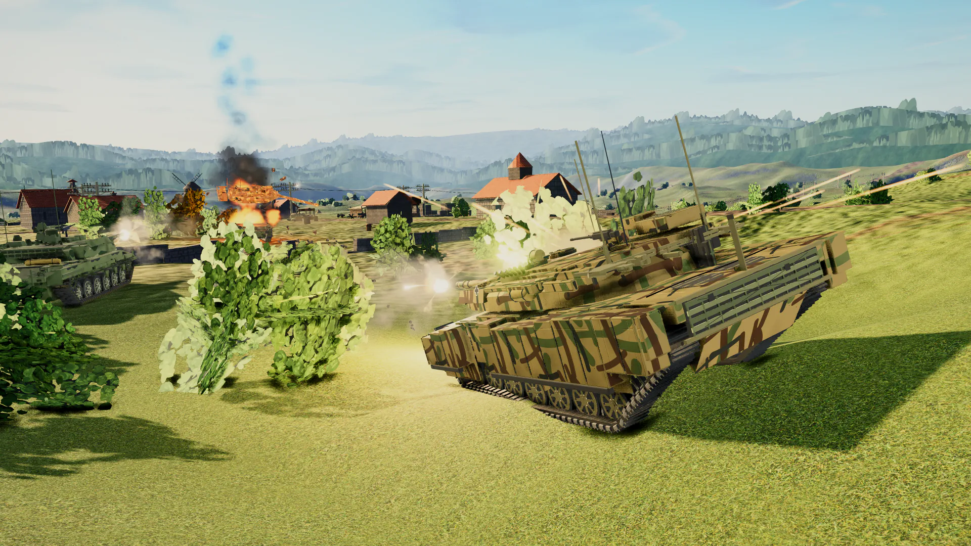 Close view of a tank duel across a green field