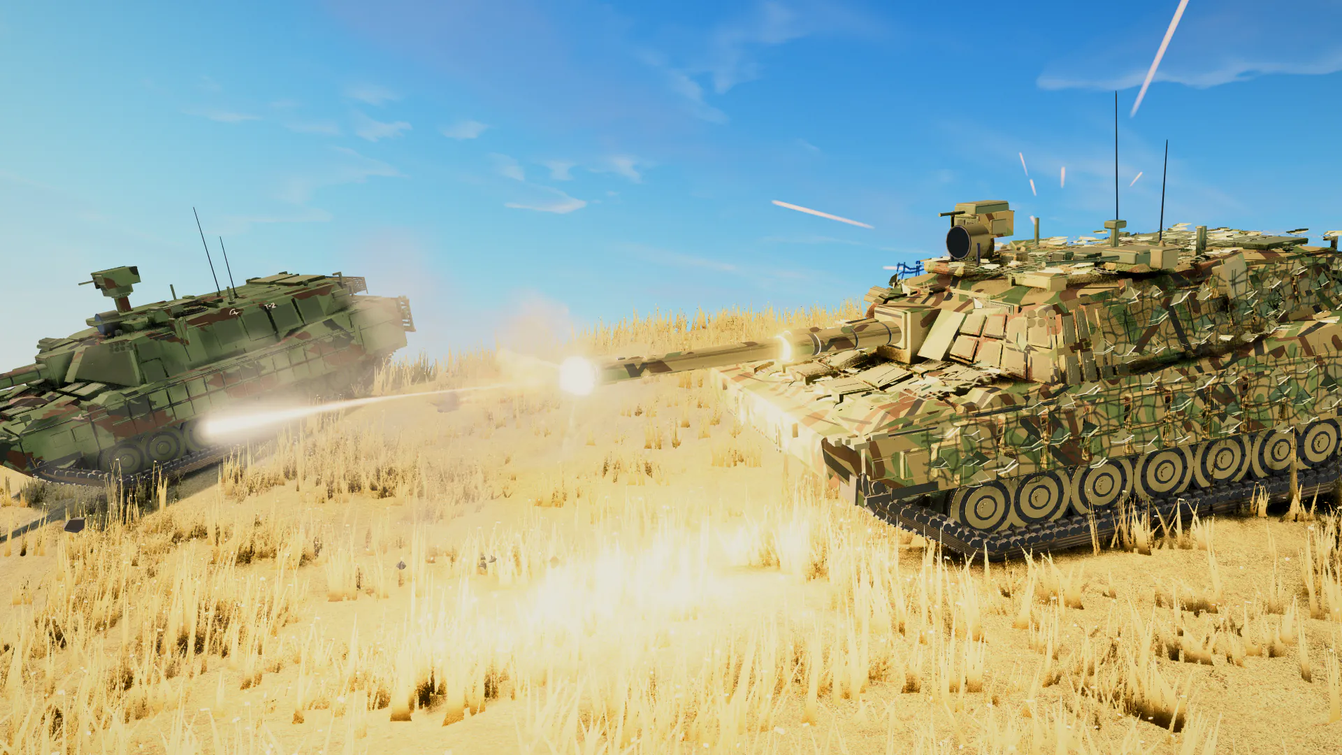 Tank firing from cover on the steppe