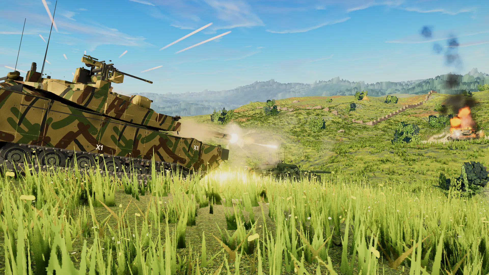 Close view of a tank duel in a meadow