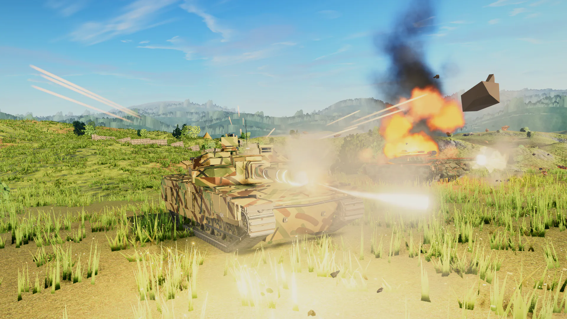 Tank holding a firing position on a green ridge