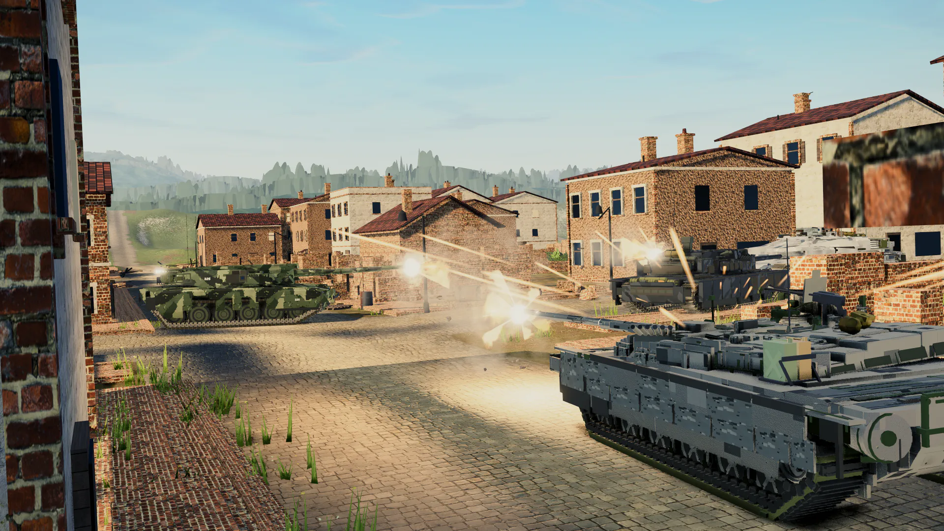 Tanks fighting through urban ruins
