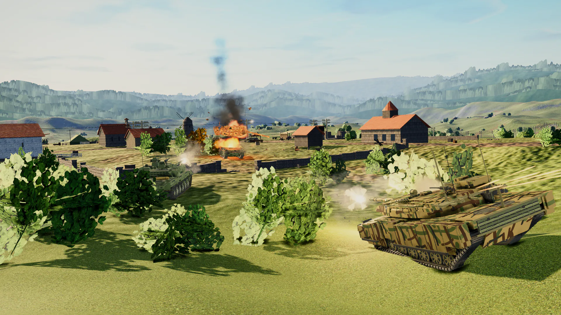 Tank duel across a green field