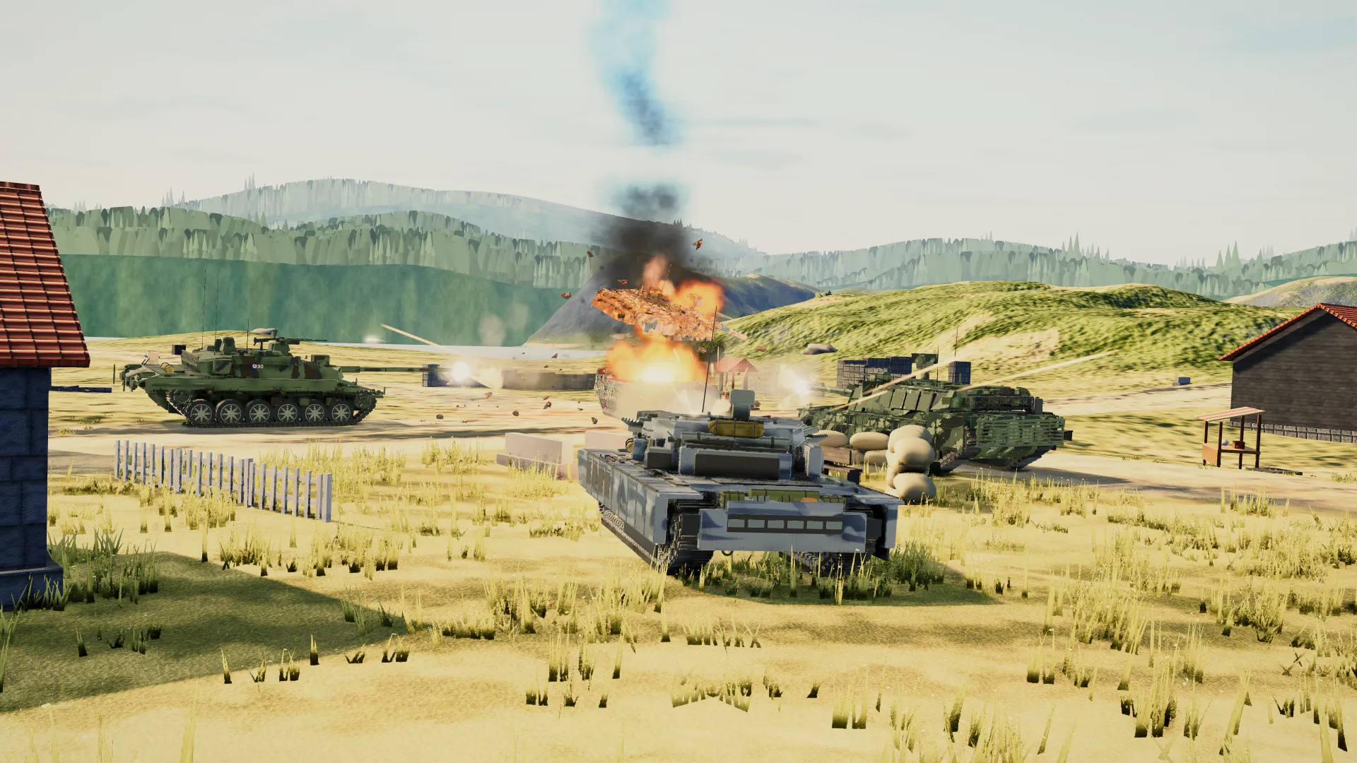 Tank battle beside a harbor