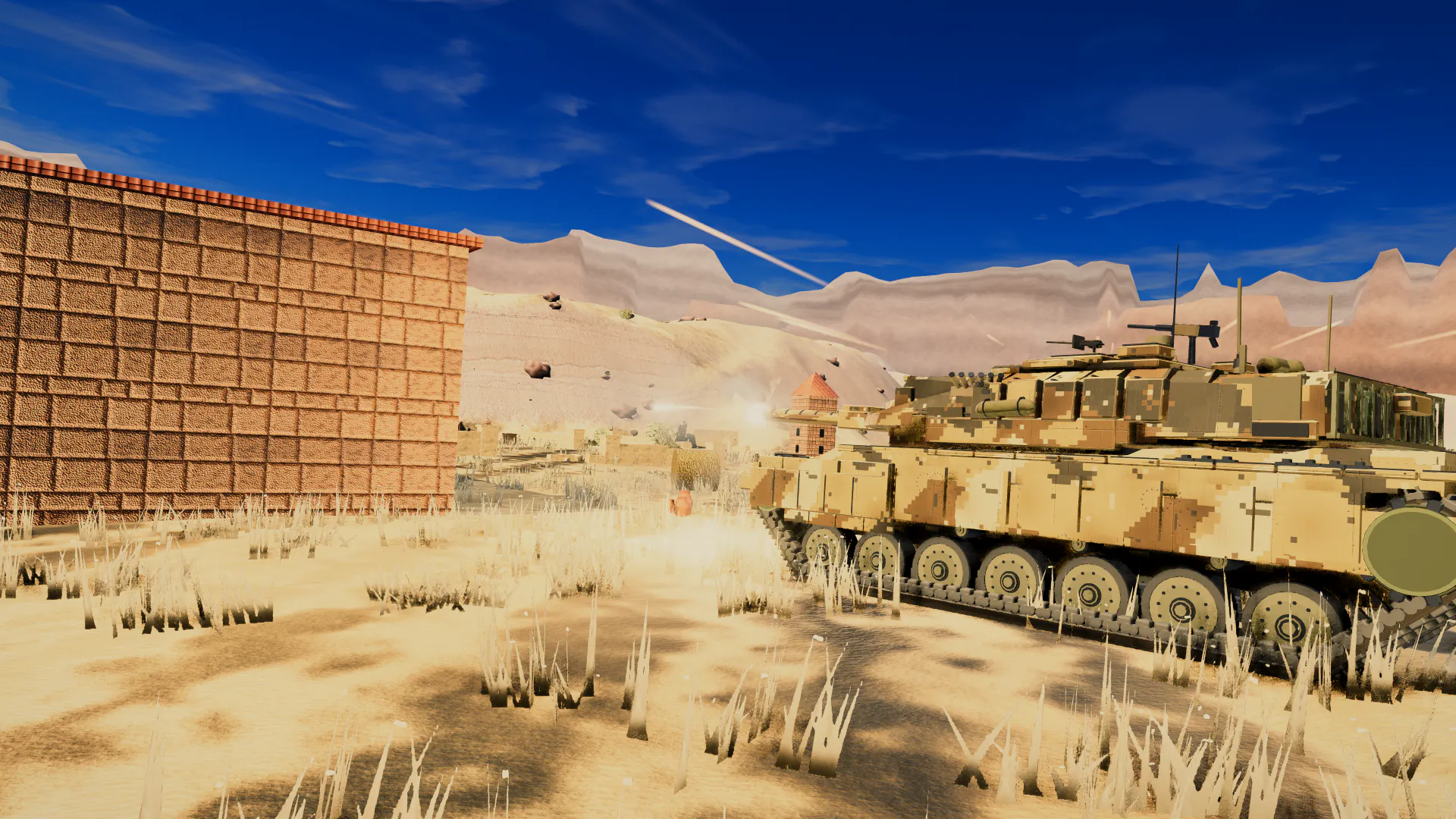 Close view of a tank in a desert firing position