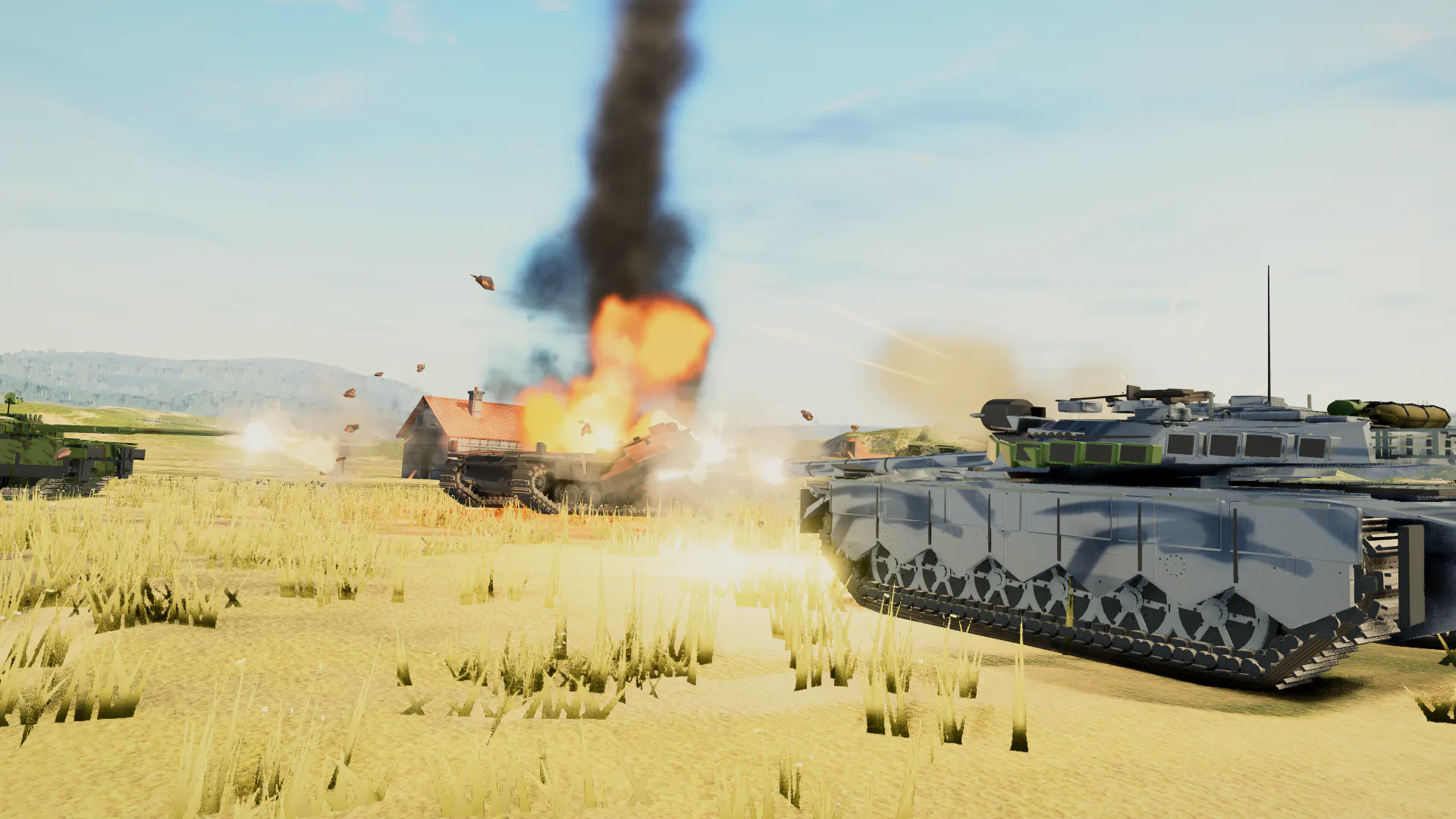 Close view of a tank battle in coastal dunes