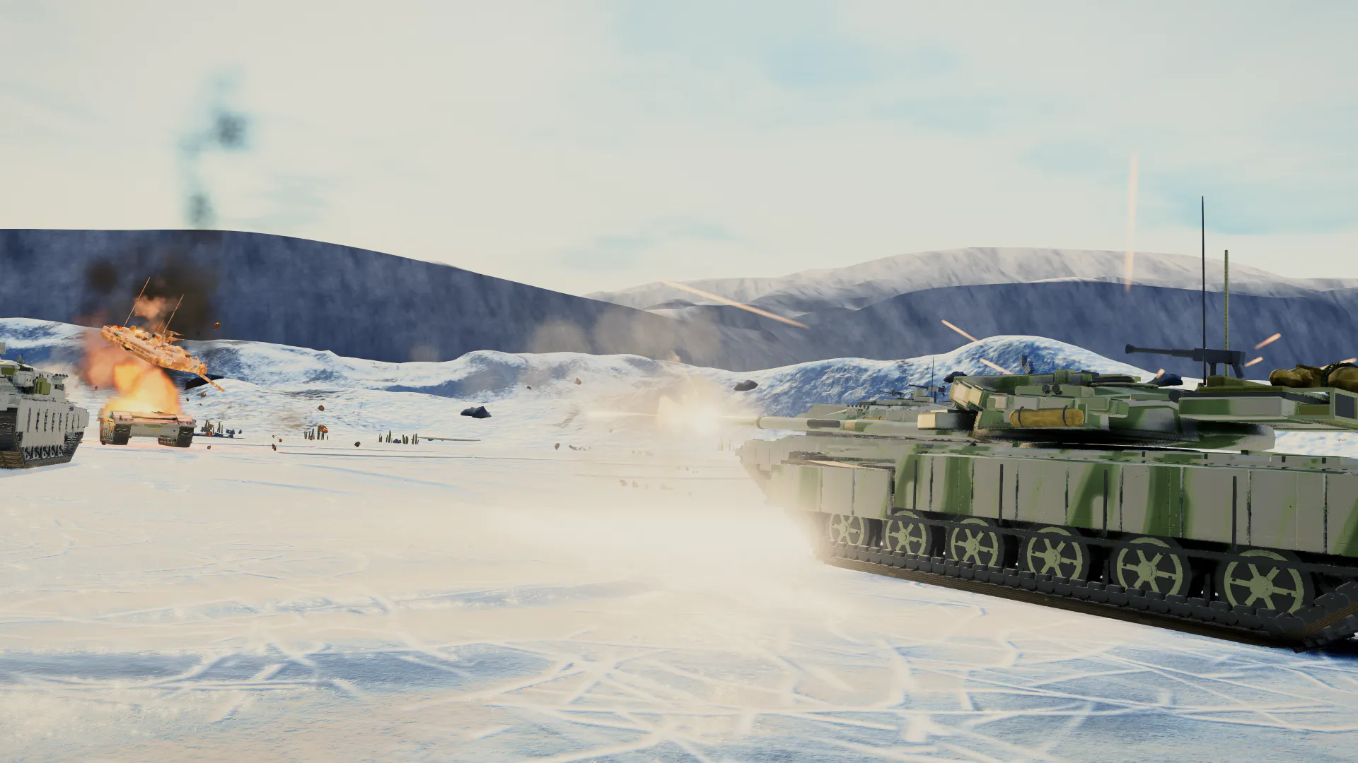 Close view of a tank duel on a frozen lake