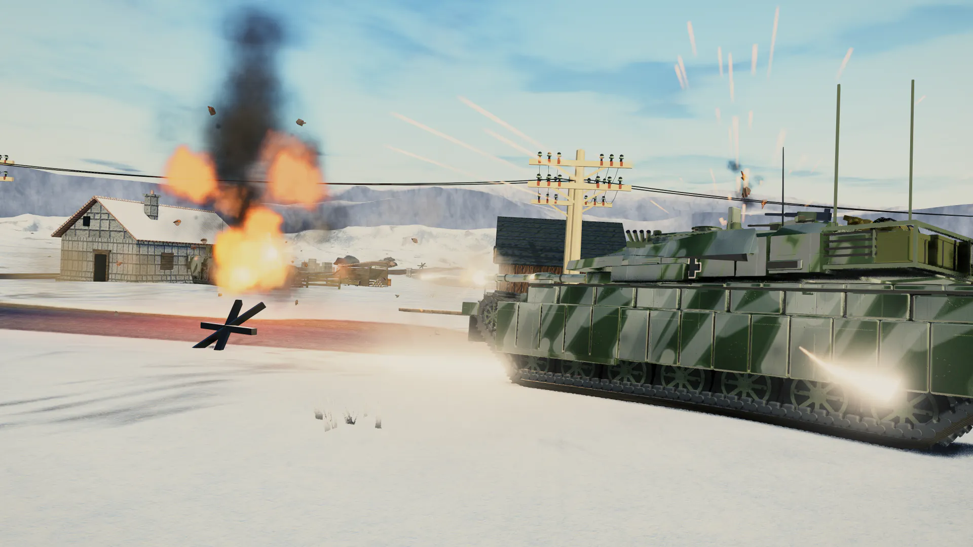 Close view of a tank battle in a winter village
