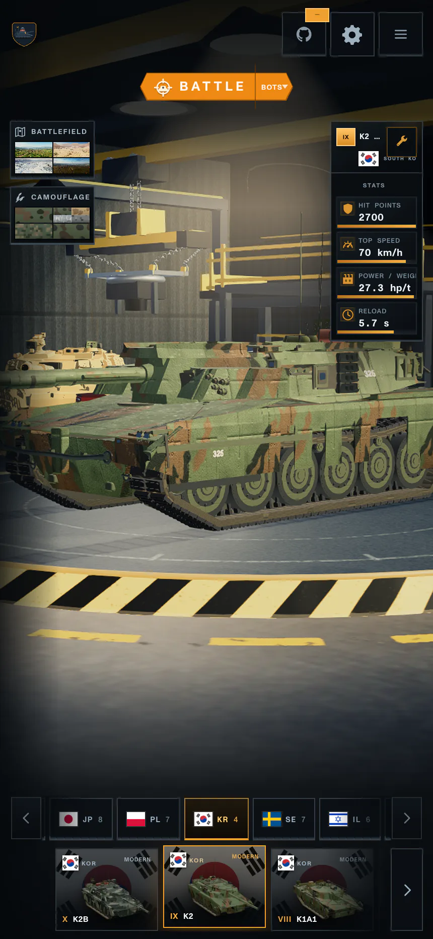 Current Claude of Tanks mobile Garage interface with a K2