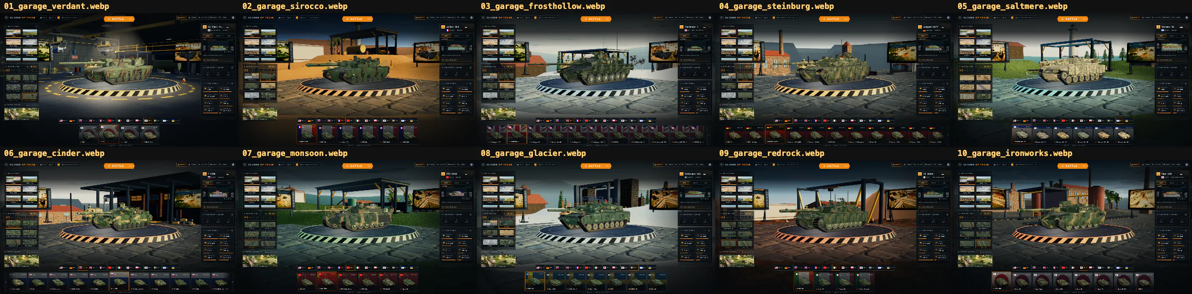 All ten Garage environments shown with a varied non-Abrams fleet and the current Garage interface