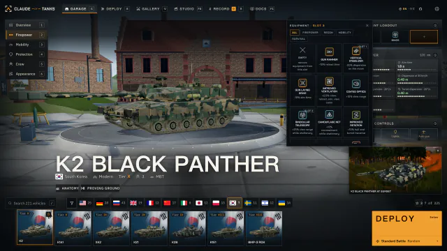 车库中 K2 Black Panther 的装备配置，其中一个装备栏的选择面板已经打开