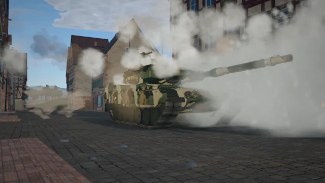 一辆 Leopard 2A7V 发射烟幕弹，烟幕在斯泰因堡的街道上迅速铺开