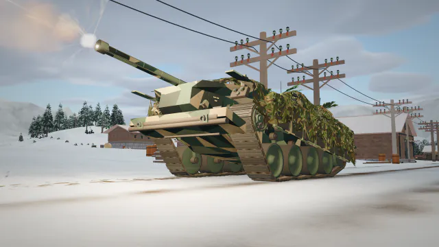 一辆 Stridsvagn 103 借助悬挂让整个车体俯仰瞄准，并越过雪地开火