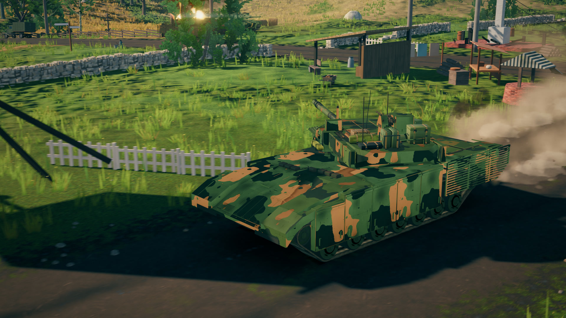 A T-14 Armata advances past the barns of Verdant Fields