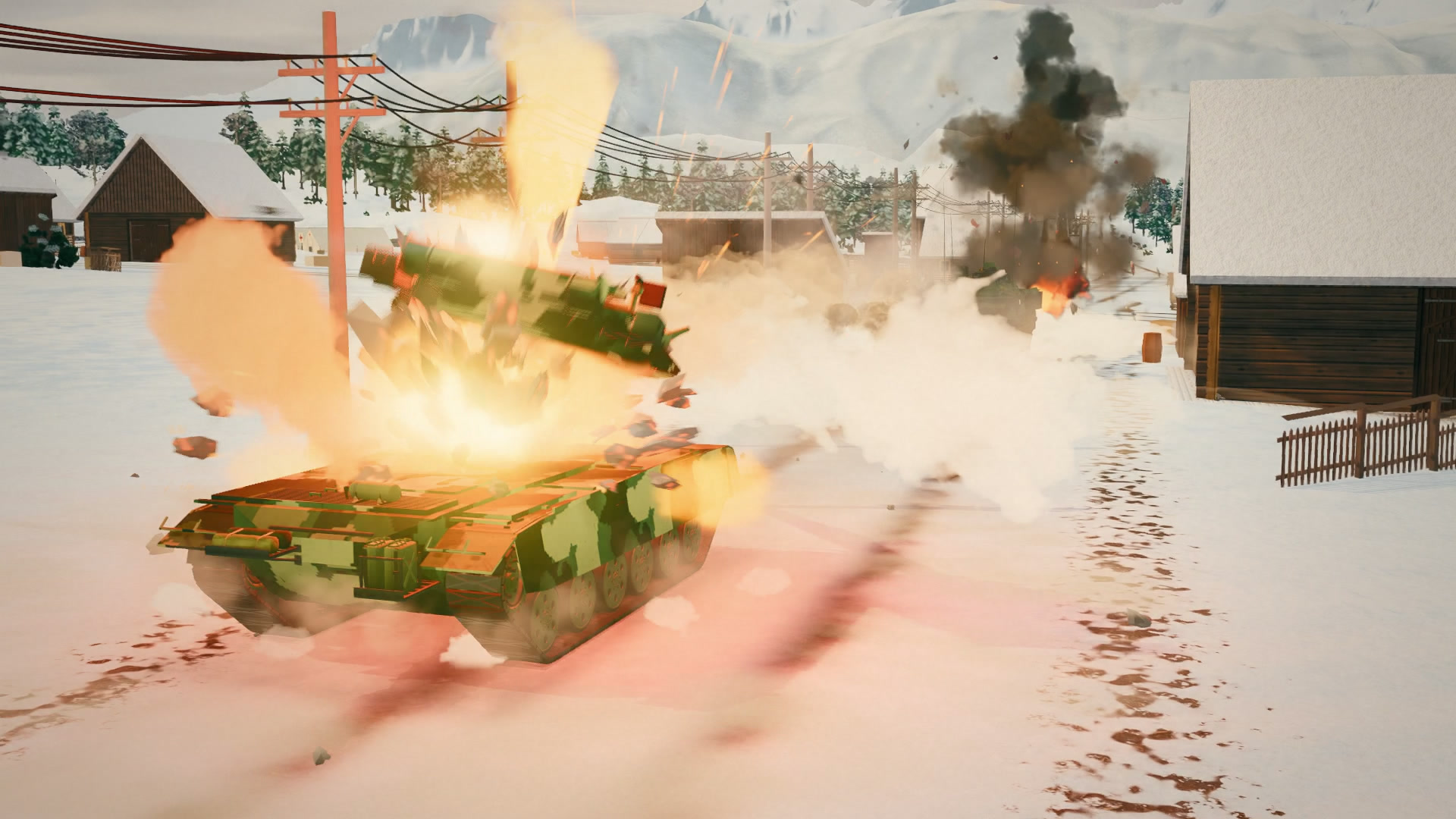 A Challenger 3 Prototype and a T-80U trade rounds down a snowy village street