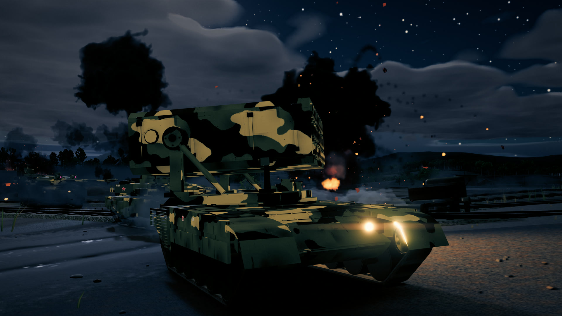 夜间，TOS-1A 发射车在钢铁厂场区打出连续齐射