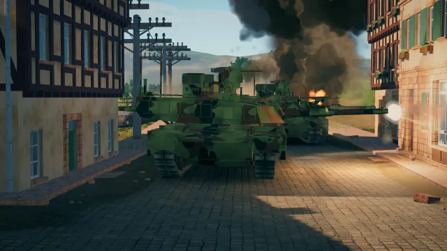 一辆 M1A2 Abrams TUSK 在炮火中驶过工厂