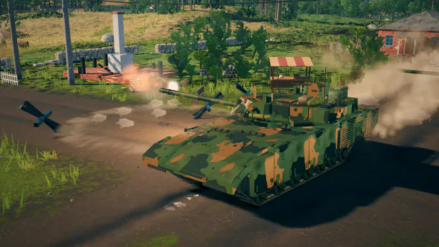 一辆 T-14 Armata 驶过翠野原的谷仓向前推进