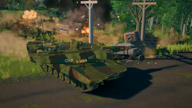 一辆 KF51 Panther 冒着炮击冲过农舍