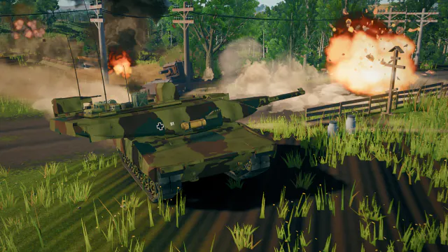 一辆 KF51 Panther 冒着炮击冲过农舍