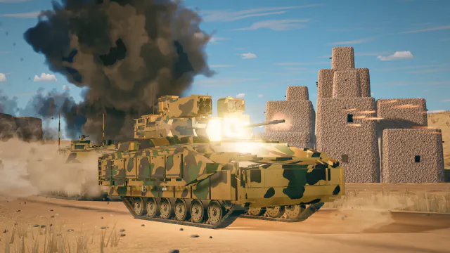 一辆 M6 Linebacker 引领 Abrams 纵队穿过日痕绿洲的集市街
