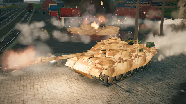 一支 Challenger 1 纵队穿过灰渣枢纽的铁路编组场