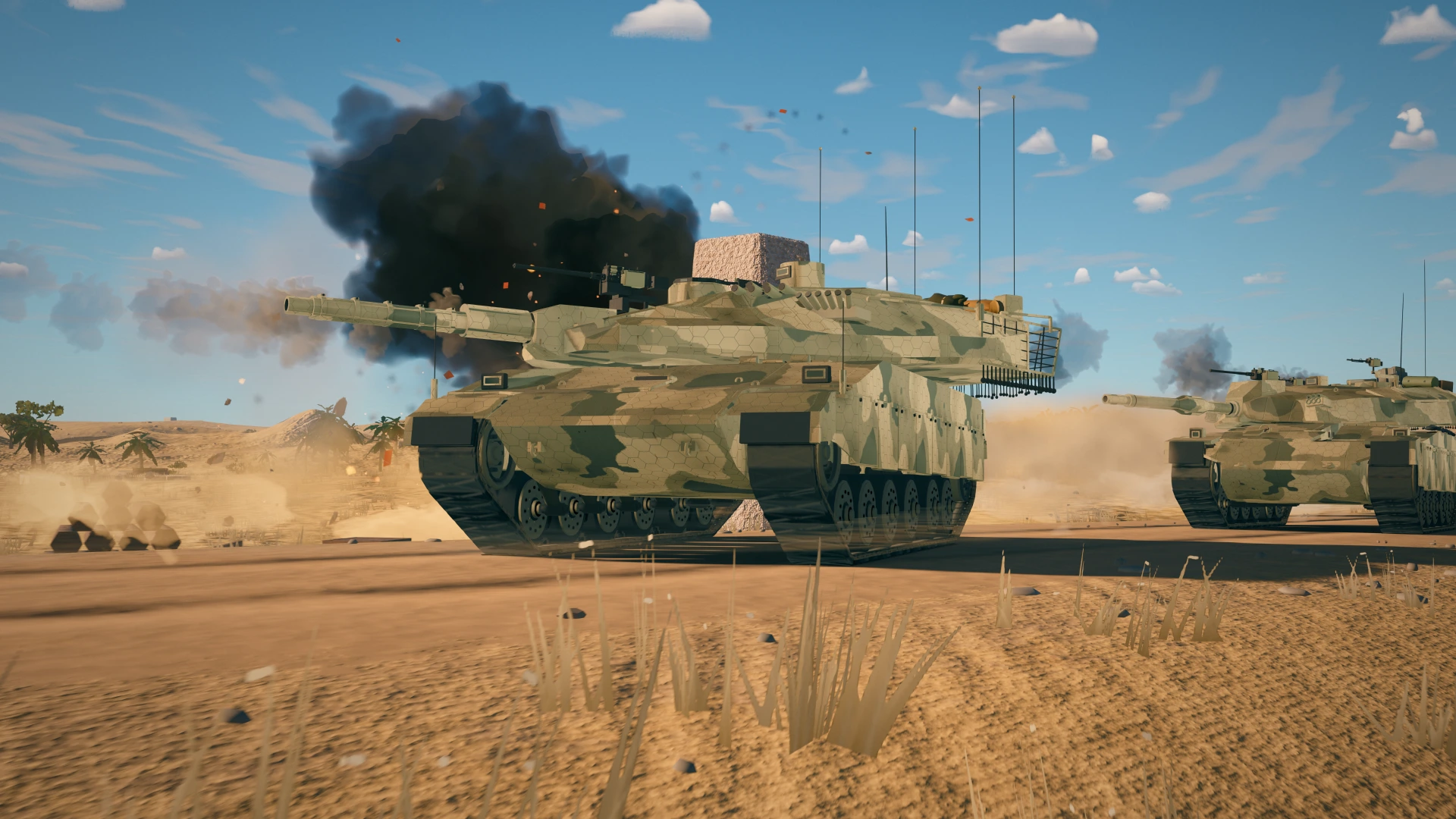 商队驿站旁被击毁的 T-62MV-1：一次结算完成的击穿，随后起火冒烟