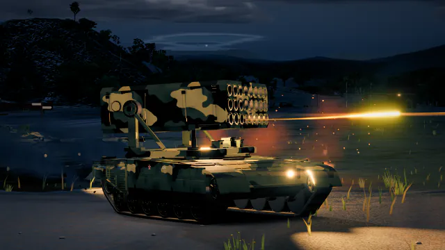 夜间，TOS-1A 发射车在钢铁厂场区打出连续齐射