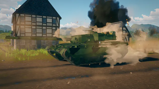 一辆 Chieftain Mk 10 在高地水库隔着村庄开火