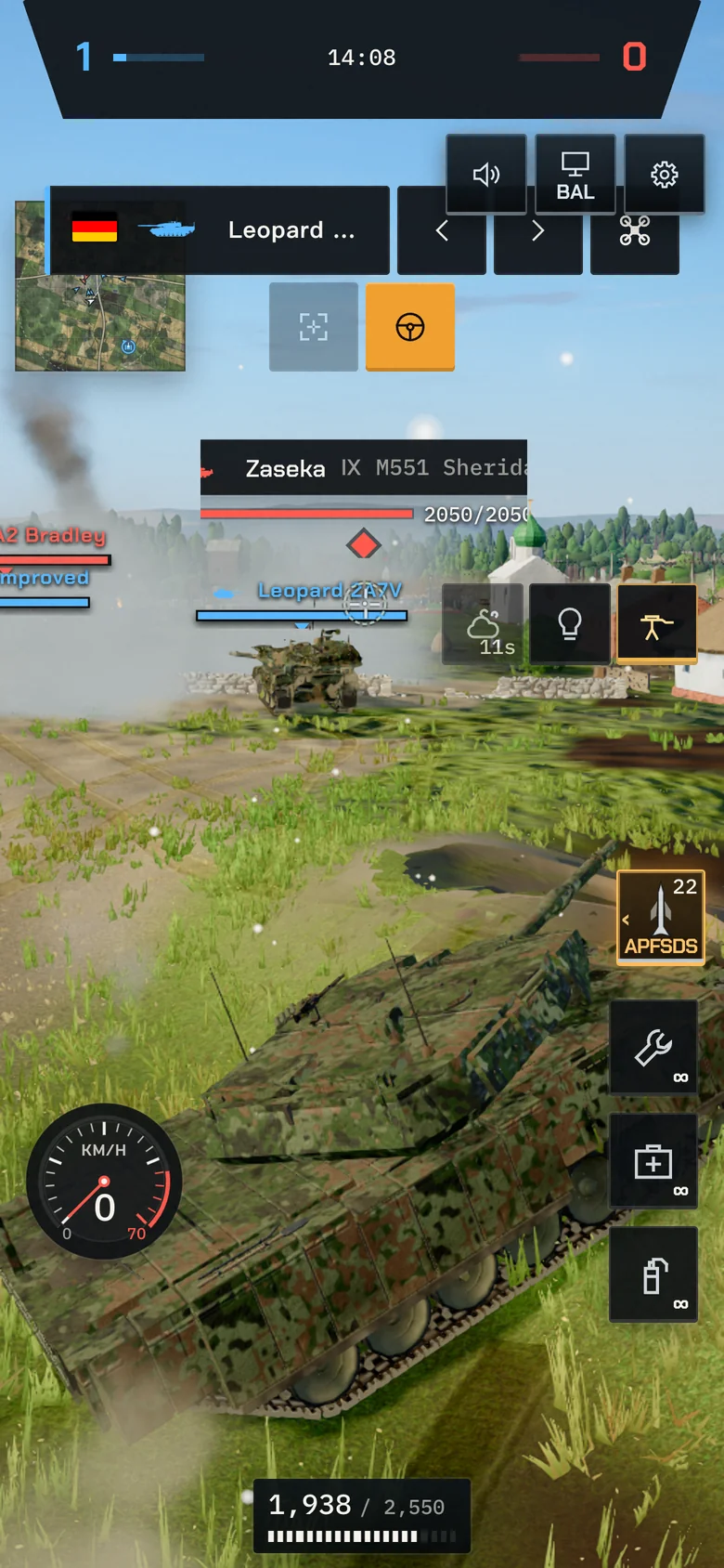 Watch on a phone: riding a tank across Verdant Fields, the Watch bar on top and its target ahead